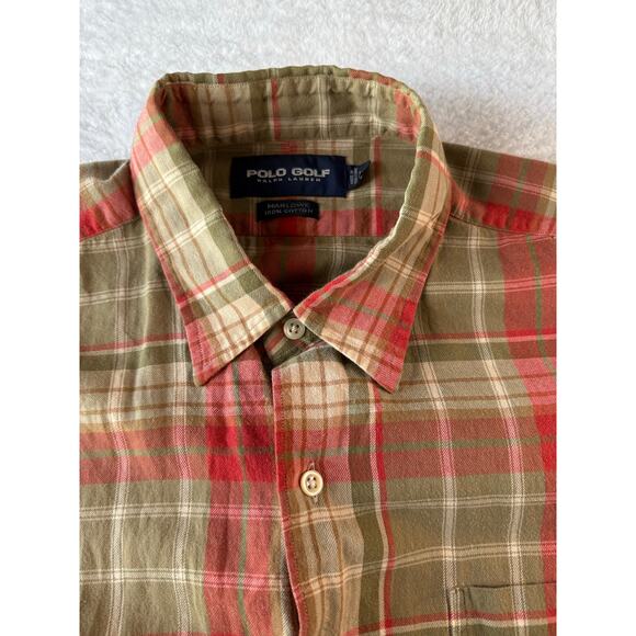 Polo Golf Ralph Lauren Mens Large Cotton Button Down Plaid Neutral Long Sleeve - Picture 5 of 7